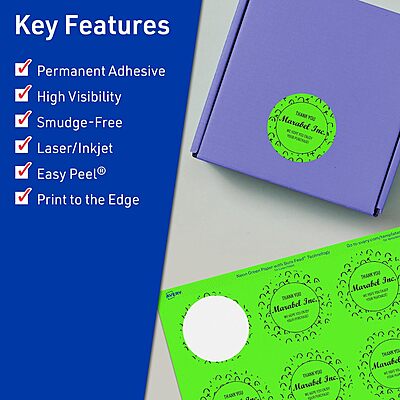 Avery Printable Round Labels, Sure Feed Technology, 1-2/3" Diameter, Neon Green Labels, Print-to-The-Edge