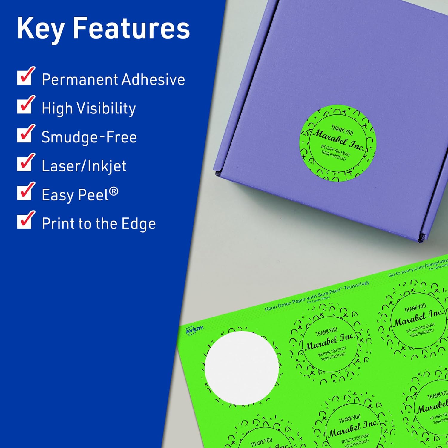 Avery Printable Round Labels, Sure Feed Technology, 1-2/3" Diameter, Neon Green Labels, Print-to-The-Edge