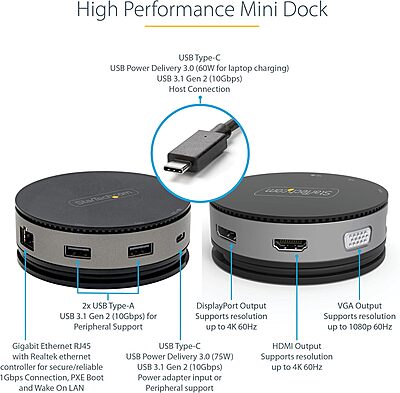 StarTech.com USB C Multiport Adapter - USB 3.1 Gen 2 10Gbps Type-C Mini Dock with 4K 60Hz HDMI/DisplayPort or 1080p VGA - 75W PD Passthrough, 3-Port USB Hub, GbE - Mobile Docking Station (DKT31CHDVCM)