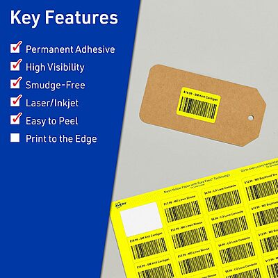 Avery Printable Rectangle Labels, Sure Feed Technology, 1-1/4" x 1-3/4", Neon Yellow, Laser/Inkjet Printable