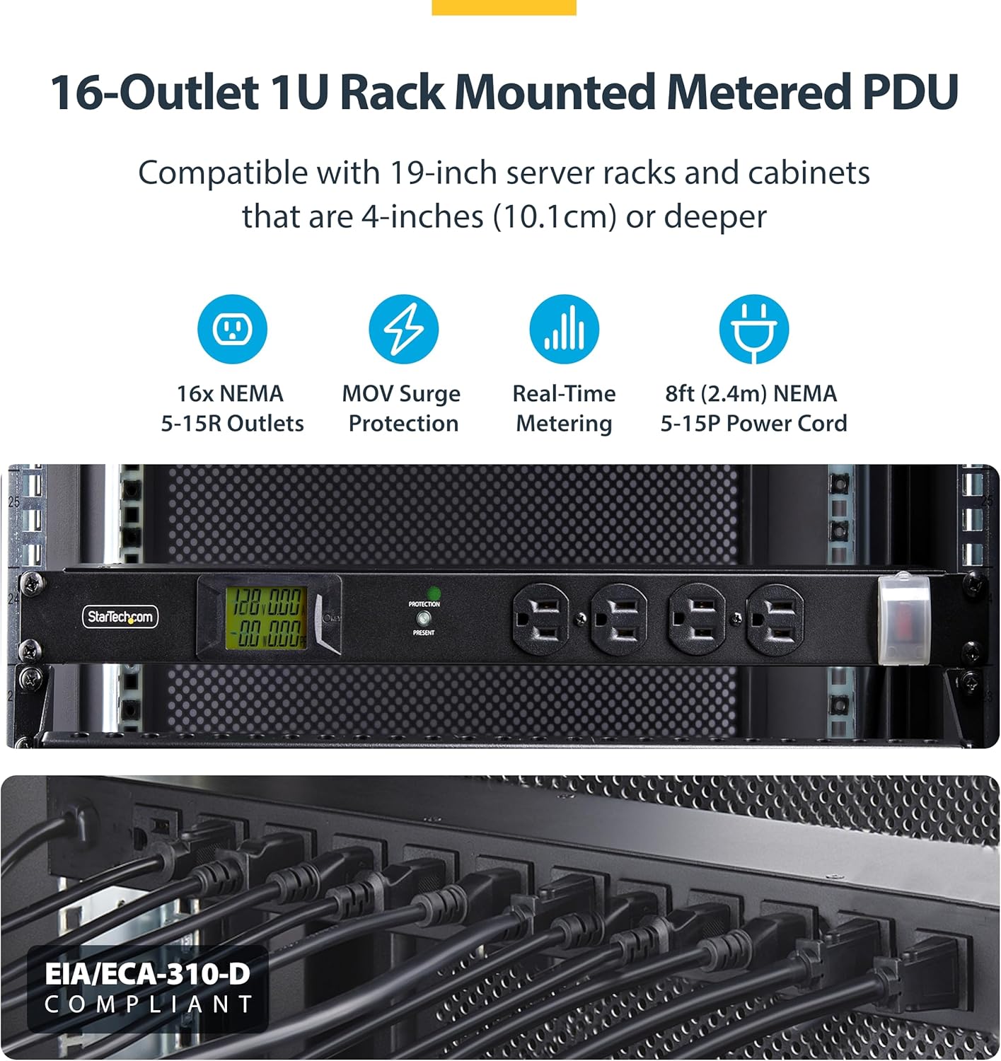 StarTech.com 1U Horizontal Rack Mount Metered PDU Server Power Strip with Surge Protector