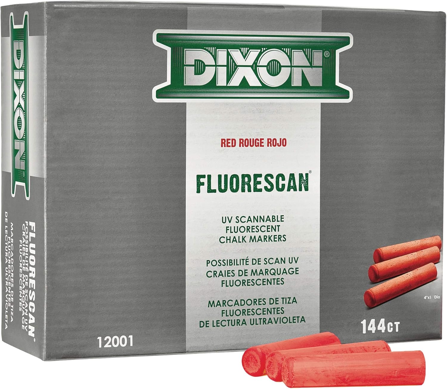 Dixon Industrial Fluorescan Tapered Chalk, 4 x 1" Sticks, Red, 144-Count Pack (12001)