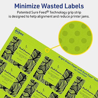 Avery Printable Rectangle Labels, Sure Feed Technology, 2" x 2-5/8", Bright Green, Laser/Inkjet Printable