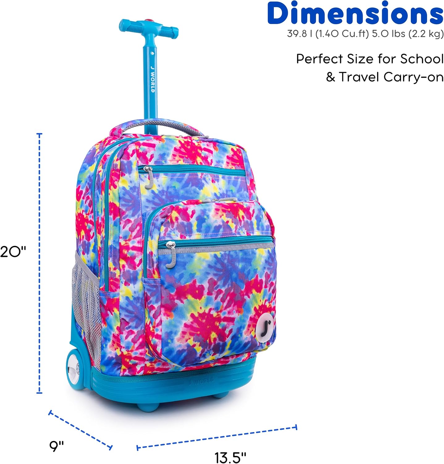 J World New York Sundance Rolling Backpack Girl Boy Roller Bookbag, Tie Dye, 20 Inch
