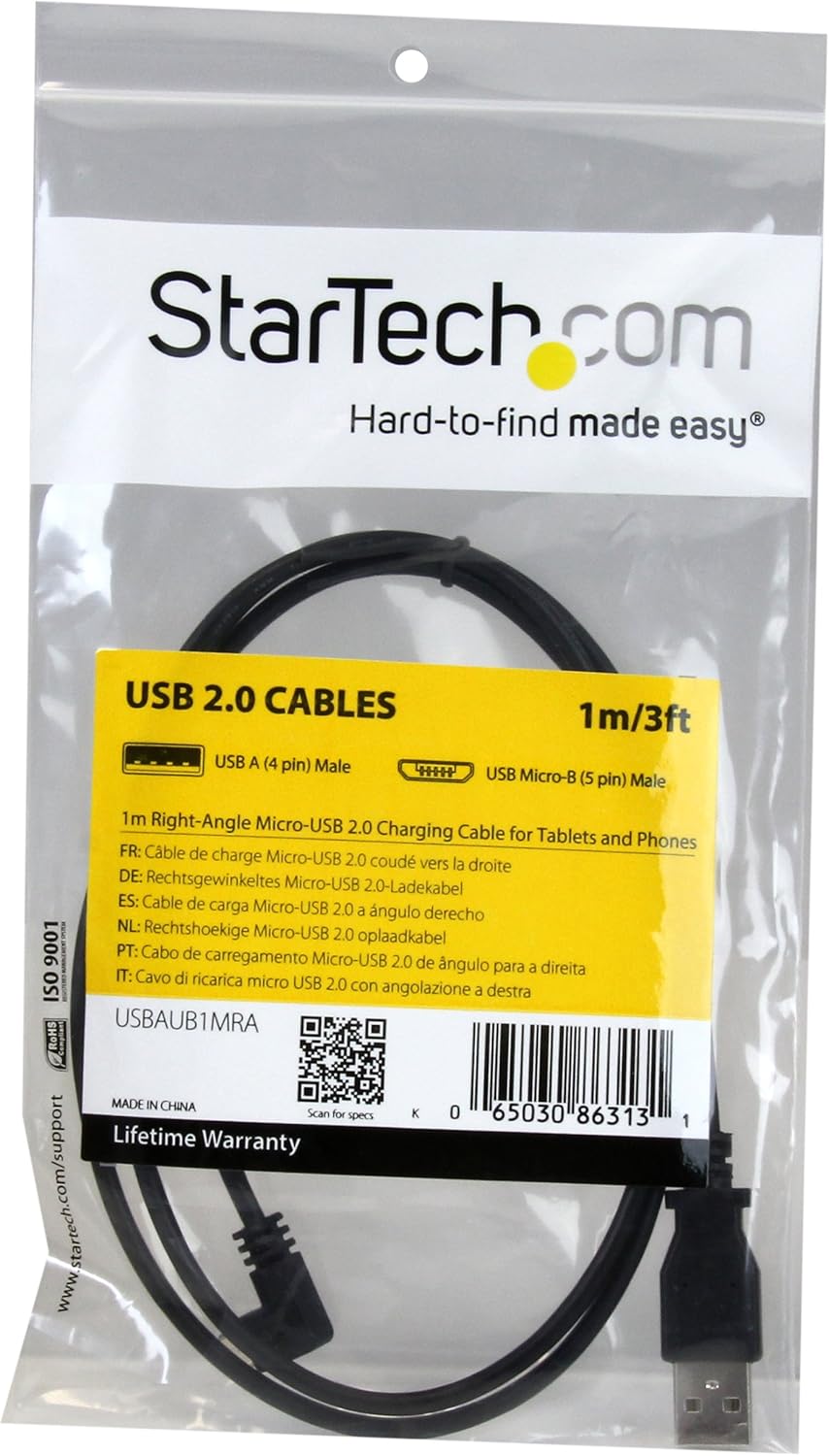 StarTech.com 1m 3ft Right Angle Micro-USB Charge-and-Sync Cable M/M - USB 2.0 A to Micro-USB - 30/24 AWG - USBAUB1MRA