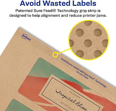 Avery Kraft Brown Rectangle Labels, Sure Feed Technology, 2" x 5", 60 Kraft Brown Labels, Print-to-The-Edge, Laser/Inkjet Printable 60 labels