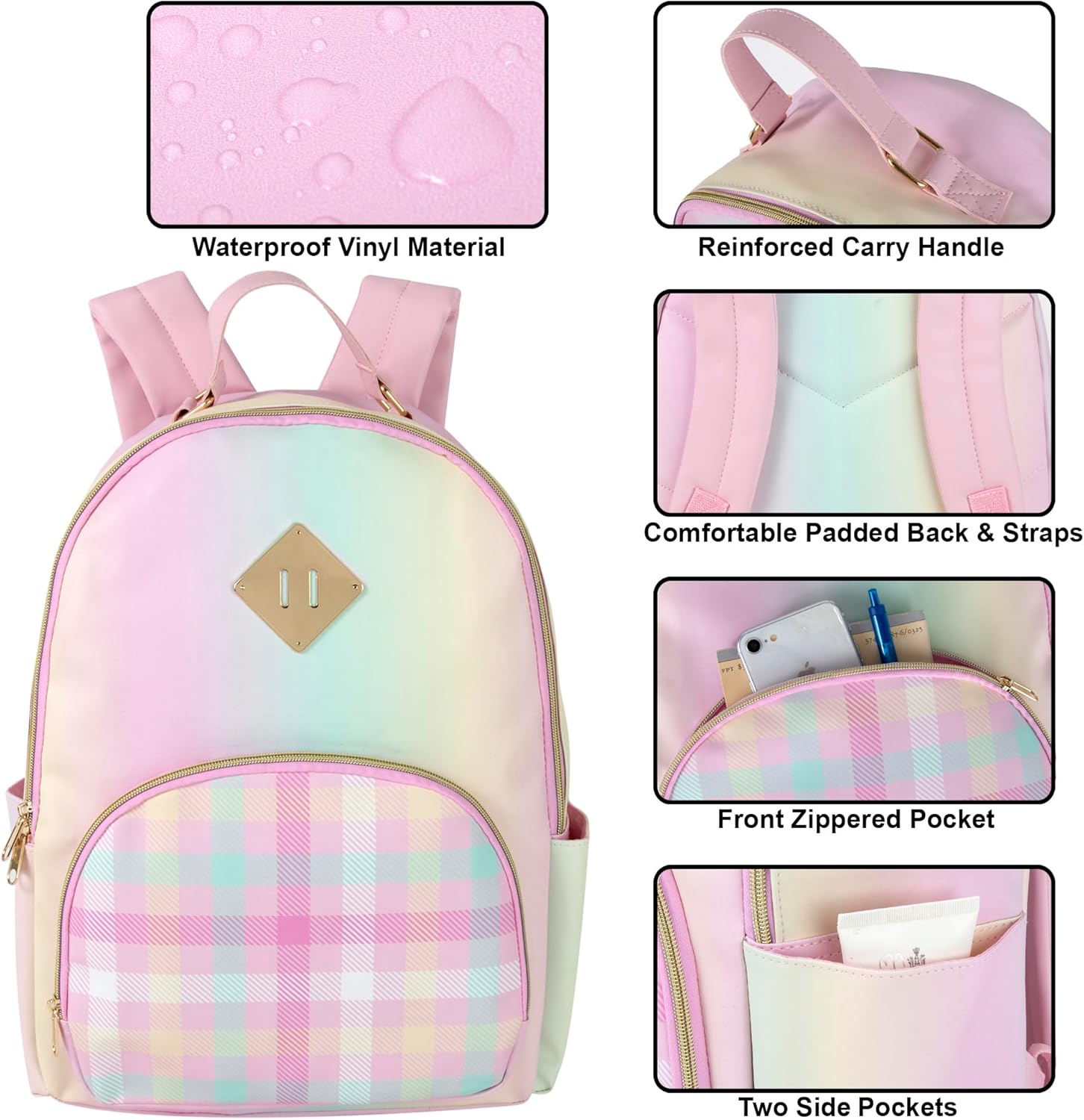 Emma & Chloe Pastel Waterproof Vinyl Backpack for Traveling and Commuting (Ombre Stripes)