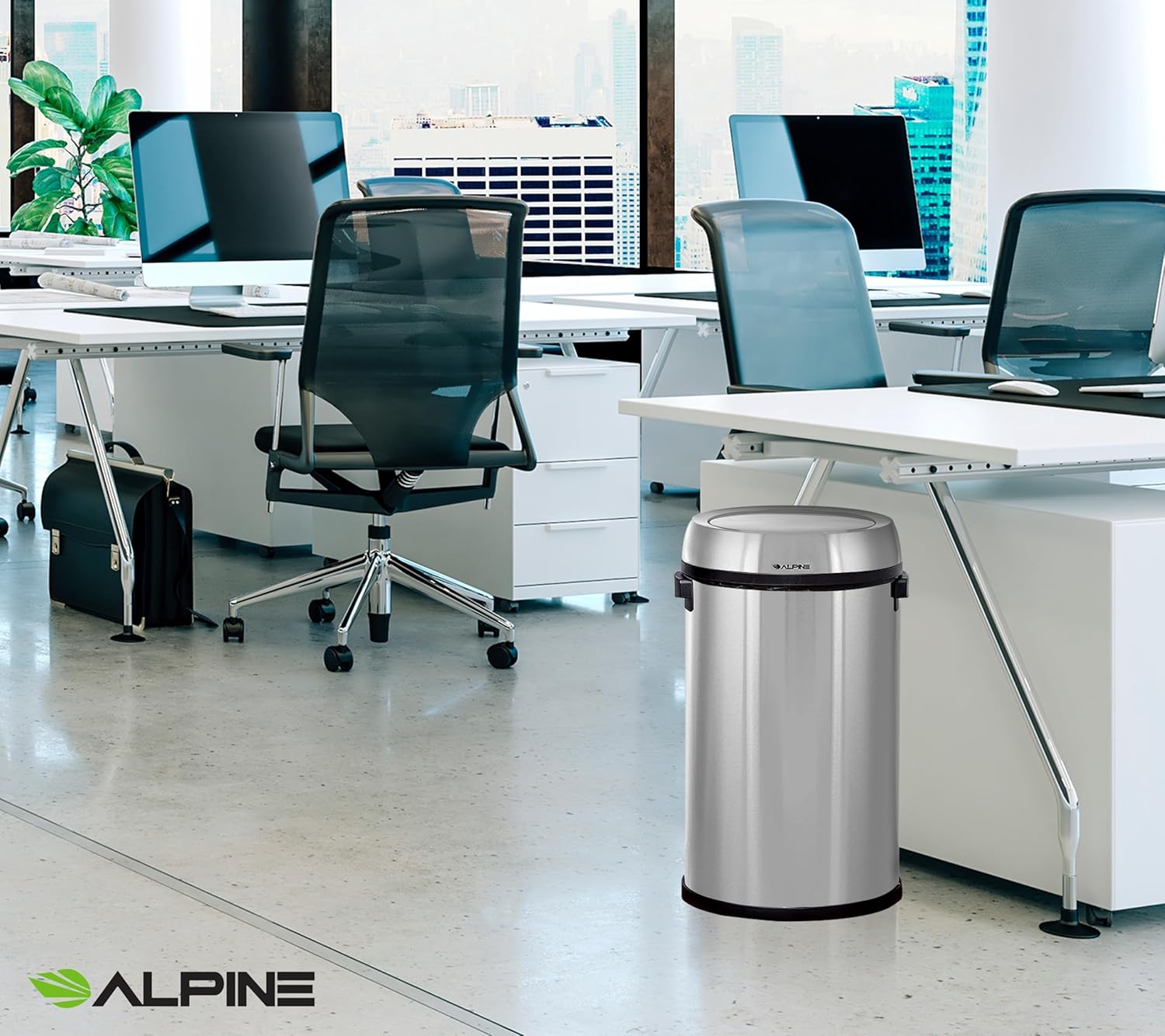 Alpine 17-Gallon Stainless Steel Swing Top Trash Can – Commercial Grade Round Garbage Bin with Odor Control Lid