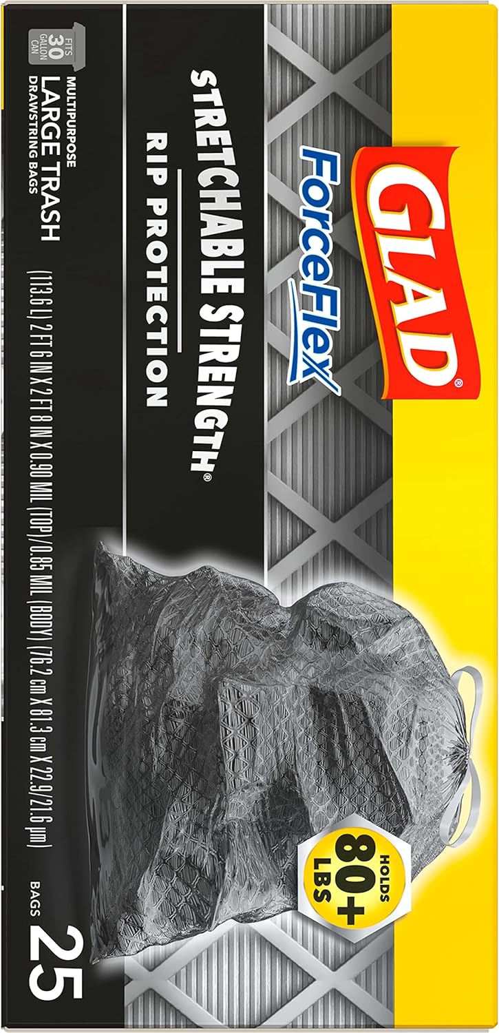 Glad Trash Bags, ForceFlexPlus Black Large Drawstring Garbage Bags, 30 Gal, 25 Ct (Package May Vary) 25 Count (Pack of 1)