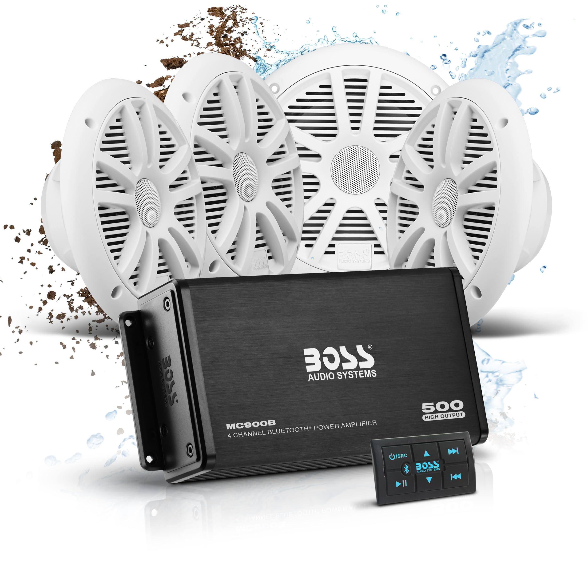 BOSS Audio Systems ASK904B.64 Marine Boat 6.5 inch Speakers and 4 Channel Amplifier - 500 High Output, Bluetooth Remote