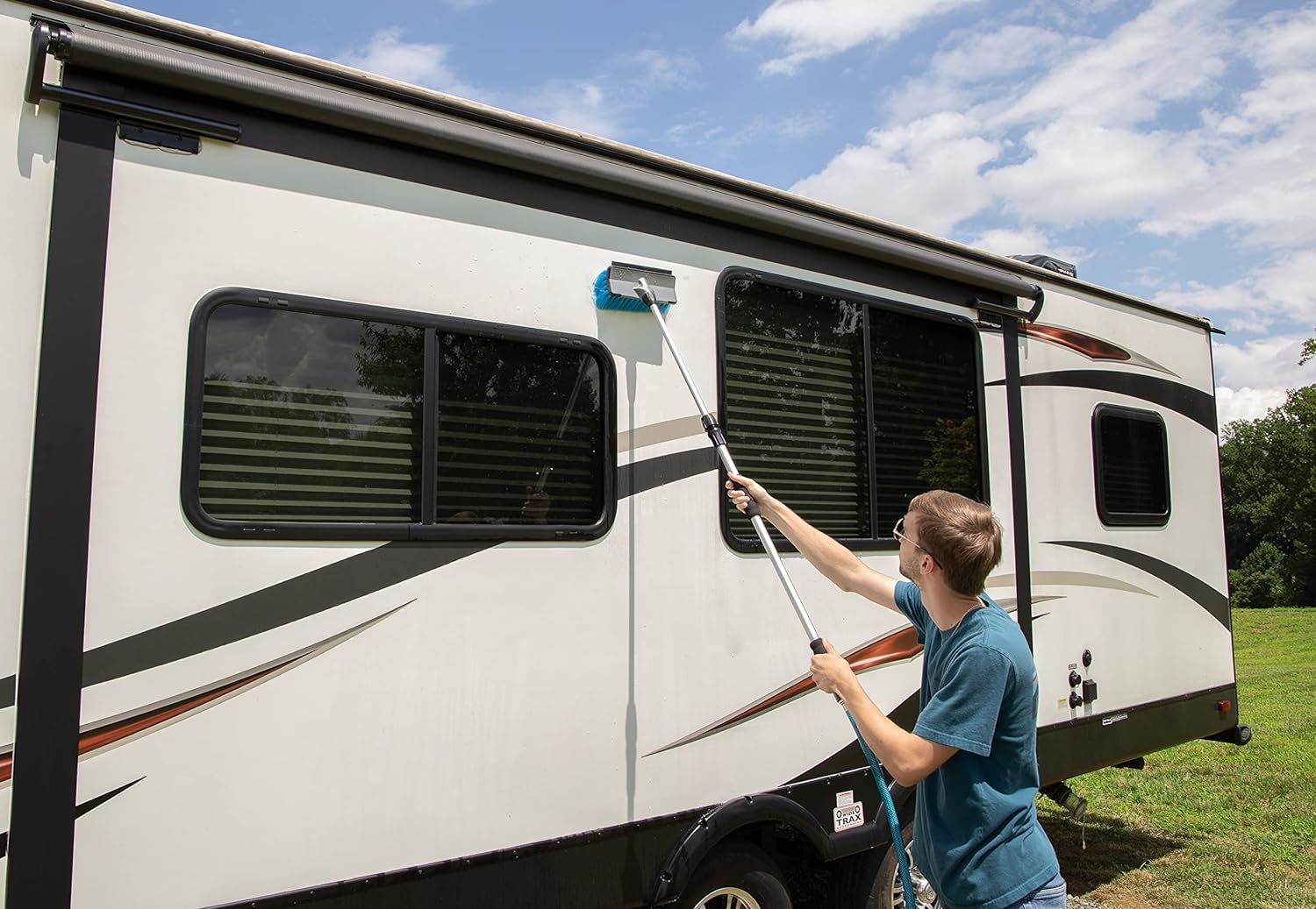 Camco 43633, RV Flow-Through Wash Brush | Features an Adjustable Handle, a Standard Garden Hose Connection