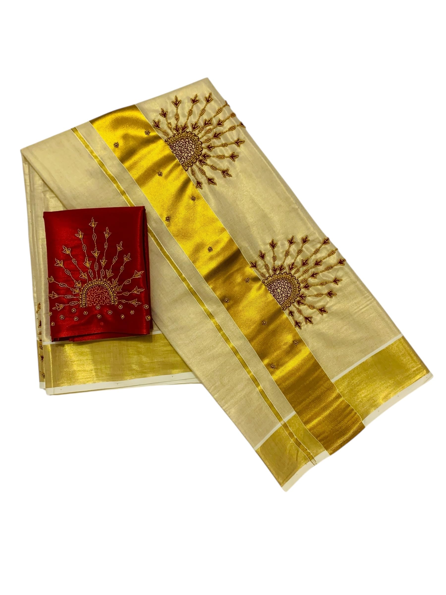 Kuthampully Kerala Kasavu Sarees For Women | Handcrafted Aari work Kerala Sarees | Tissue Onam Saree With Running Blouse | South Indian Sarees | Onam Saree EKM-858 (Maroon)