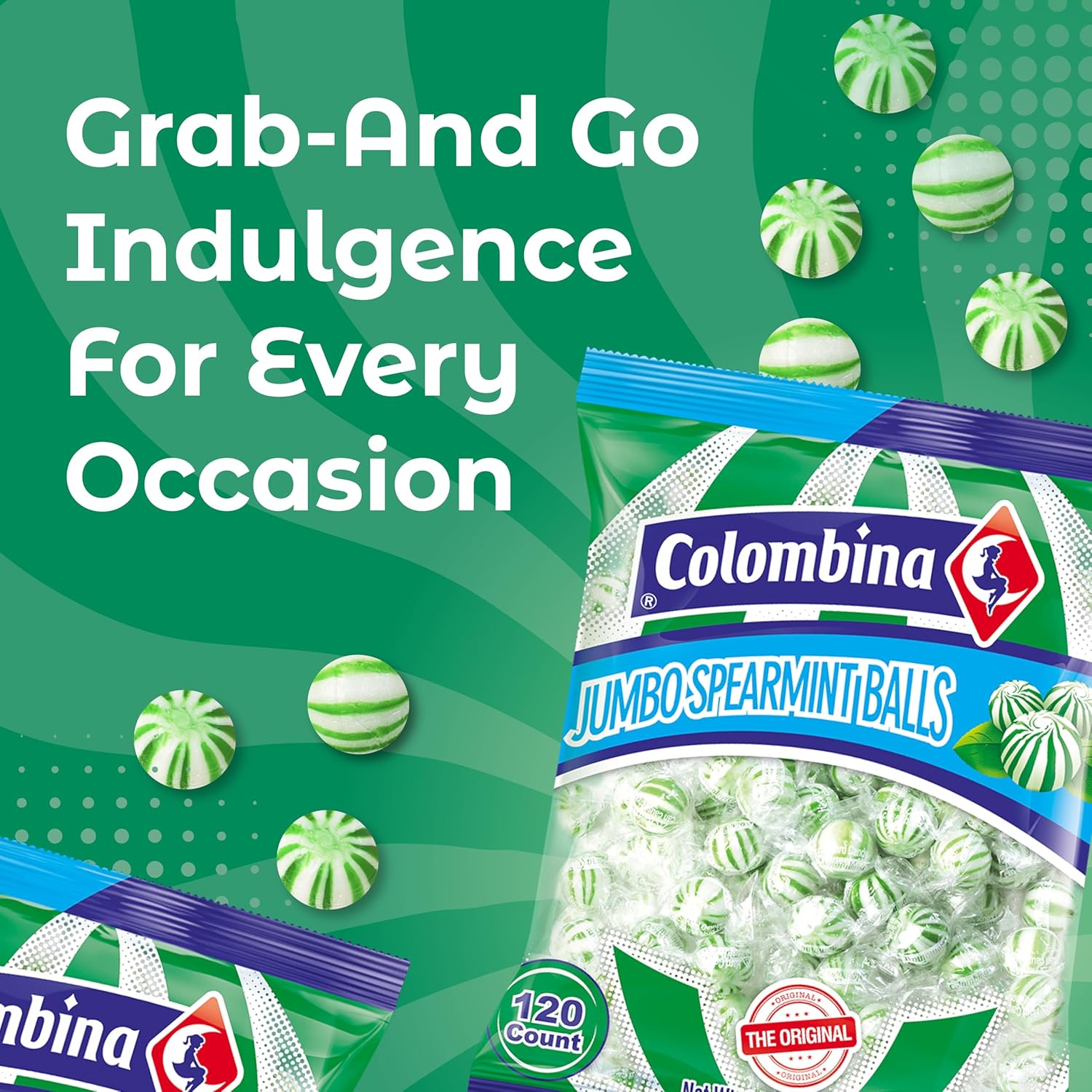 Colombina Jumbo Spearmint Balls, Individually Wrapped Natural Spearmint Flavored Candy, Ideal for Halloween and Christmas