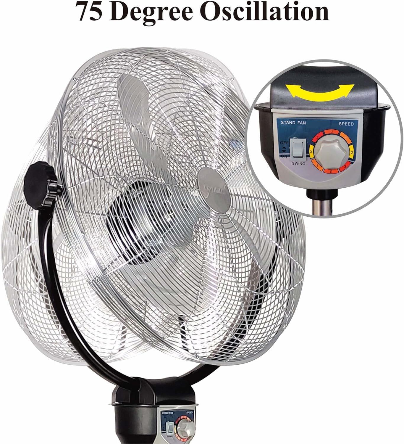 Optimus 20in Adjustable Industrial-Grade HV Oscillating Stand Fan With Chrome Grill, 30in x 24in, Black