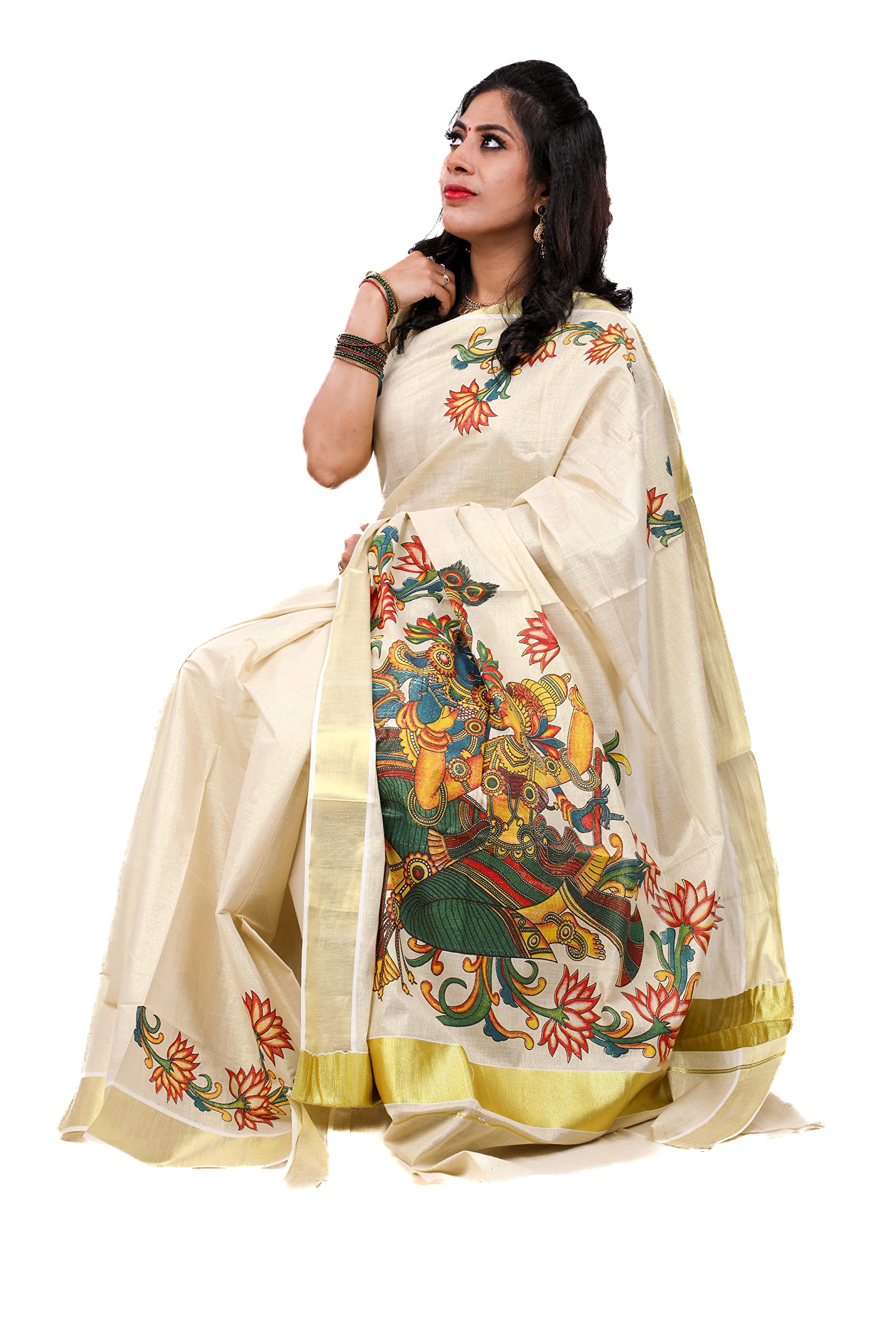 Kuthampully Kerala Kasavu Saree Tissue Mural Painted | Traditional South Indian Saree | Onam Saree - Multi Color KTM-643