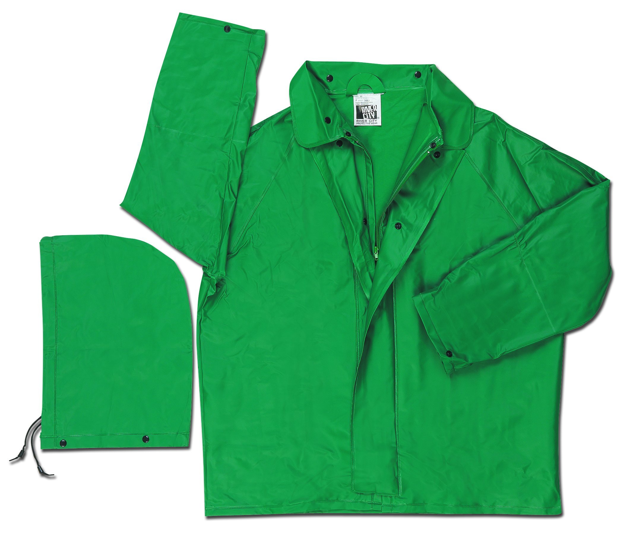 MCR Safety 388JL Dominator PVC/Polyester Jacket with Detachable Drawstring Hood, Green, Large