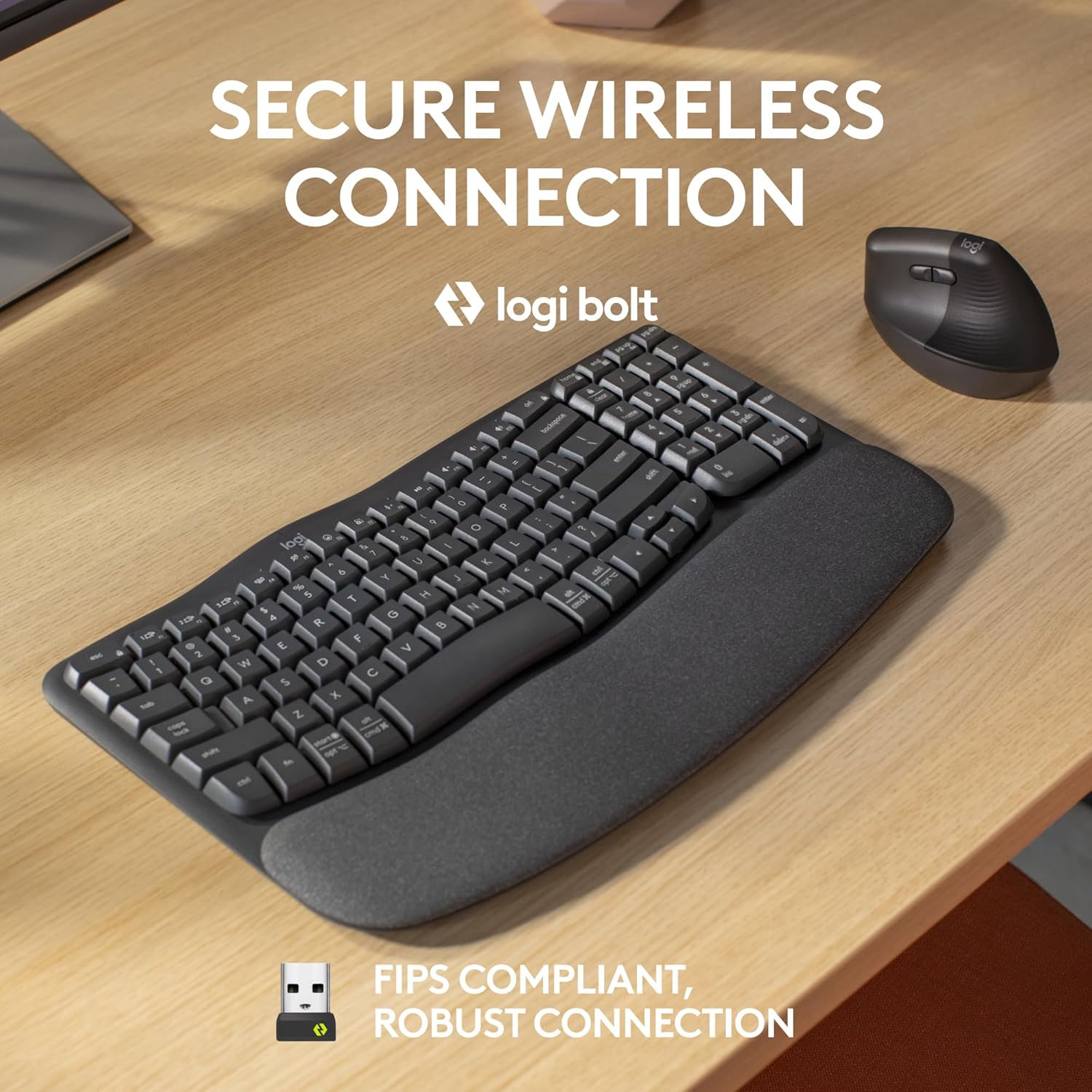 Logitech Wave Keys for Business, Wireless Ergonomic Keyboard with Cushioned Palm Rest, Secure Logi Bolt Technology