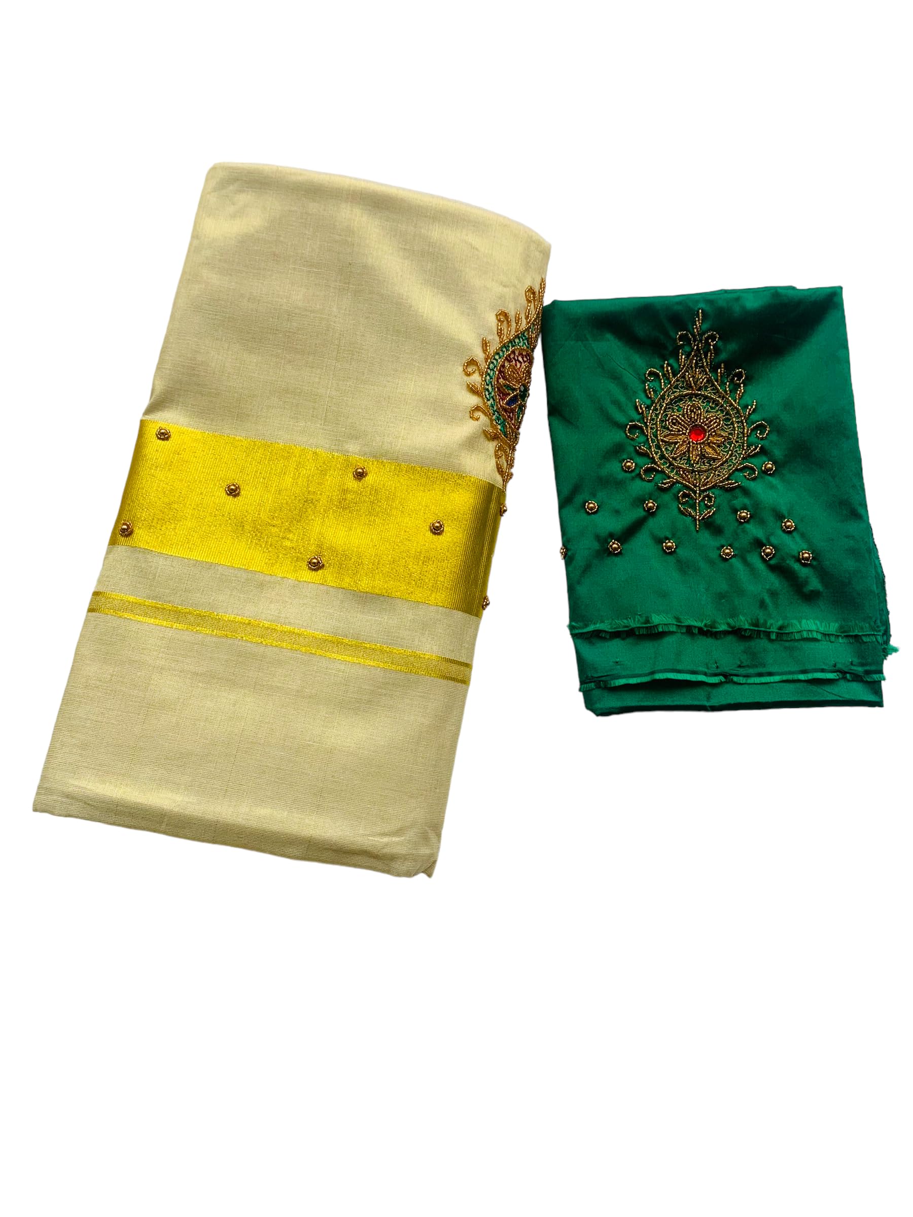 Kuthampully Kerala Kasavu Sarees For Women | Handcrafted Aari work Kerala Sarees | Tissue Onam Saree With Running Blouse | South Indian Sarees | Onam Saree EKM-806-Green