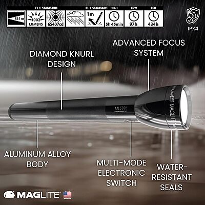 MagLite ML300L 4D LED Flashlight – 1002 Lumens, Long Runtime, Adjustable Beam, Water-Resistant, Aluminum Body – Black