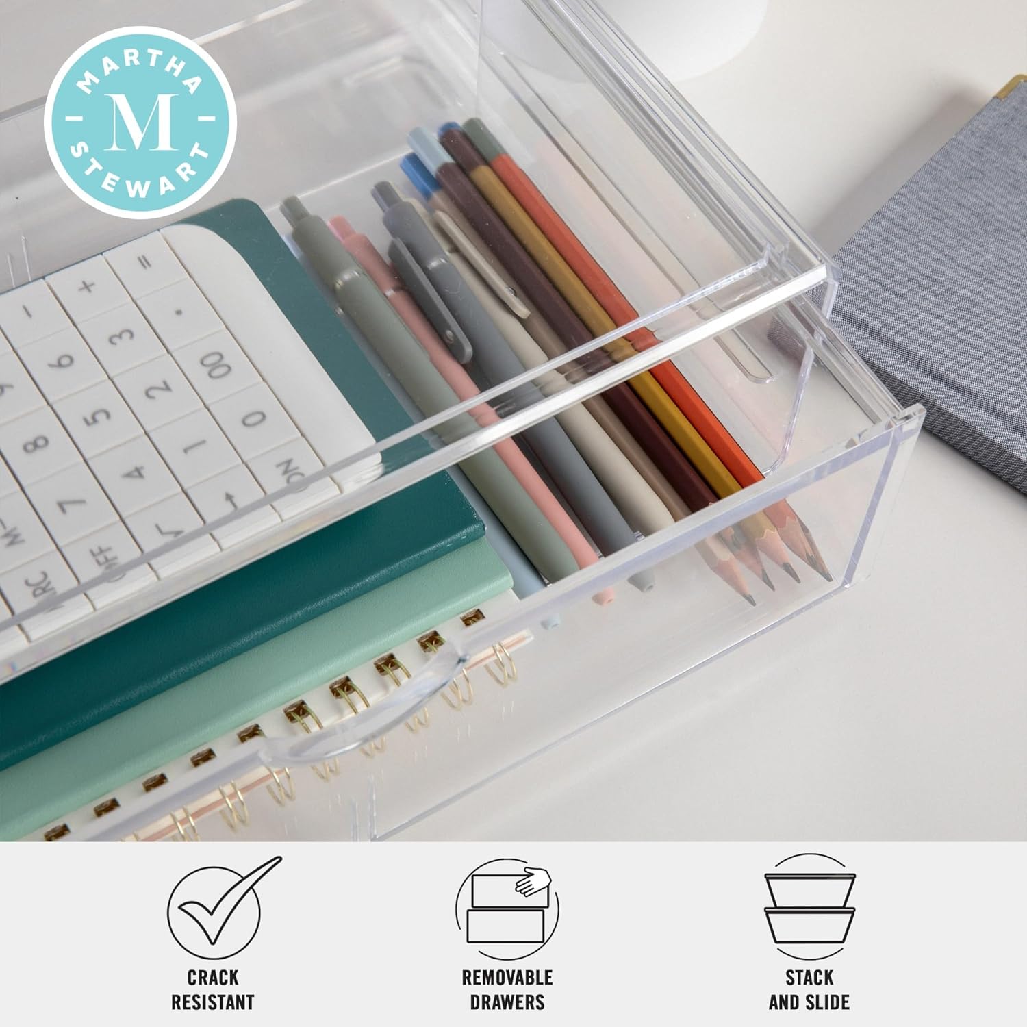 Martha Stewart Brody Desk Organizer with Drawers, Stackable Plastic Storage Box