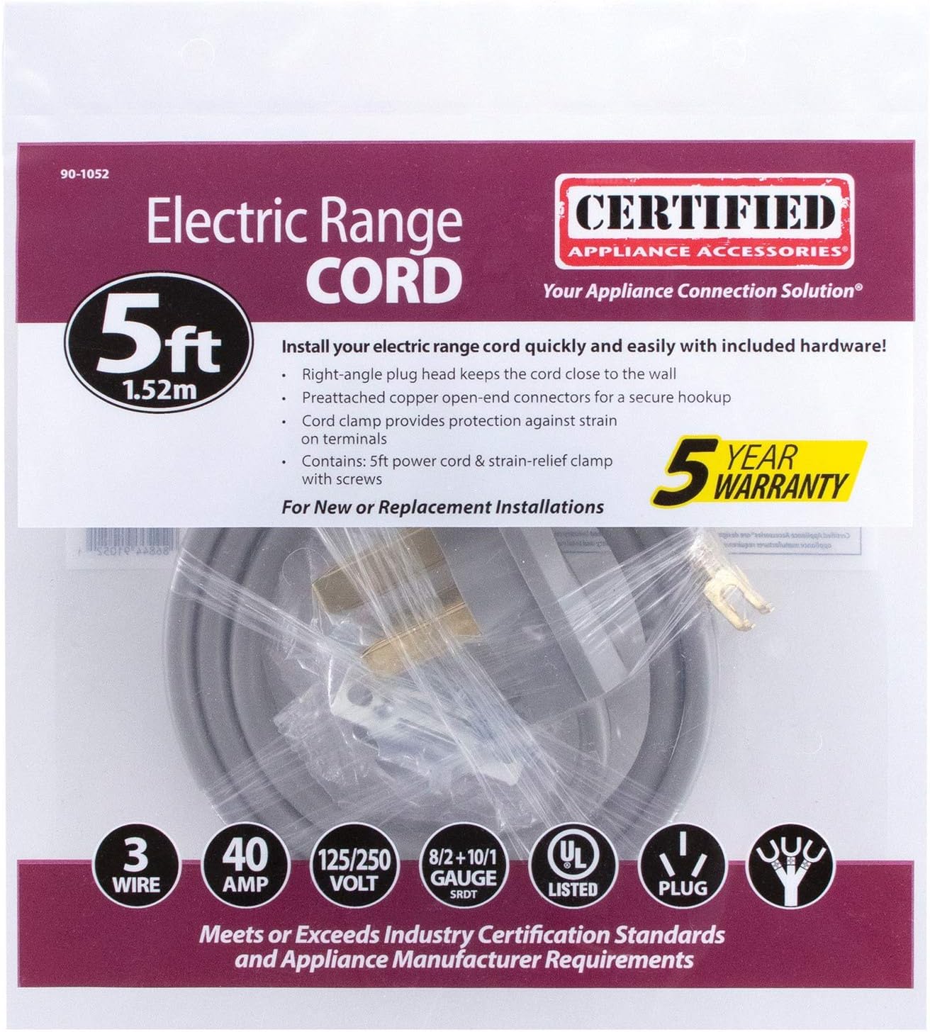 Certified Appliance Accessories 40-Amp Appliance Power Cord, 3 Prong Range Cord, 3 Wires with Open-End Connectors, 5 Feet