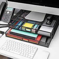 Mind Reader Monitor Stand, Ventilated Laptop Riser, Storage Drawer, Office, Metal Mesh, 15.75"L x 11.75"W x 4.5"H, Black 2 Drawers Black