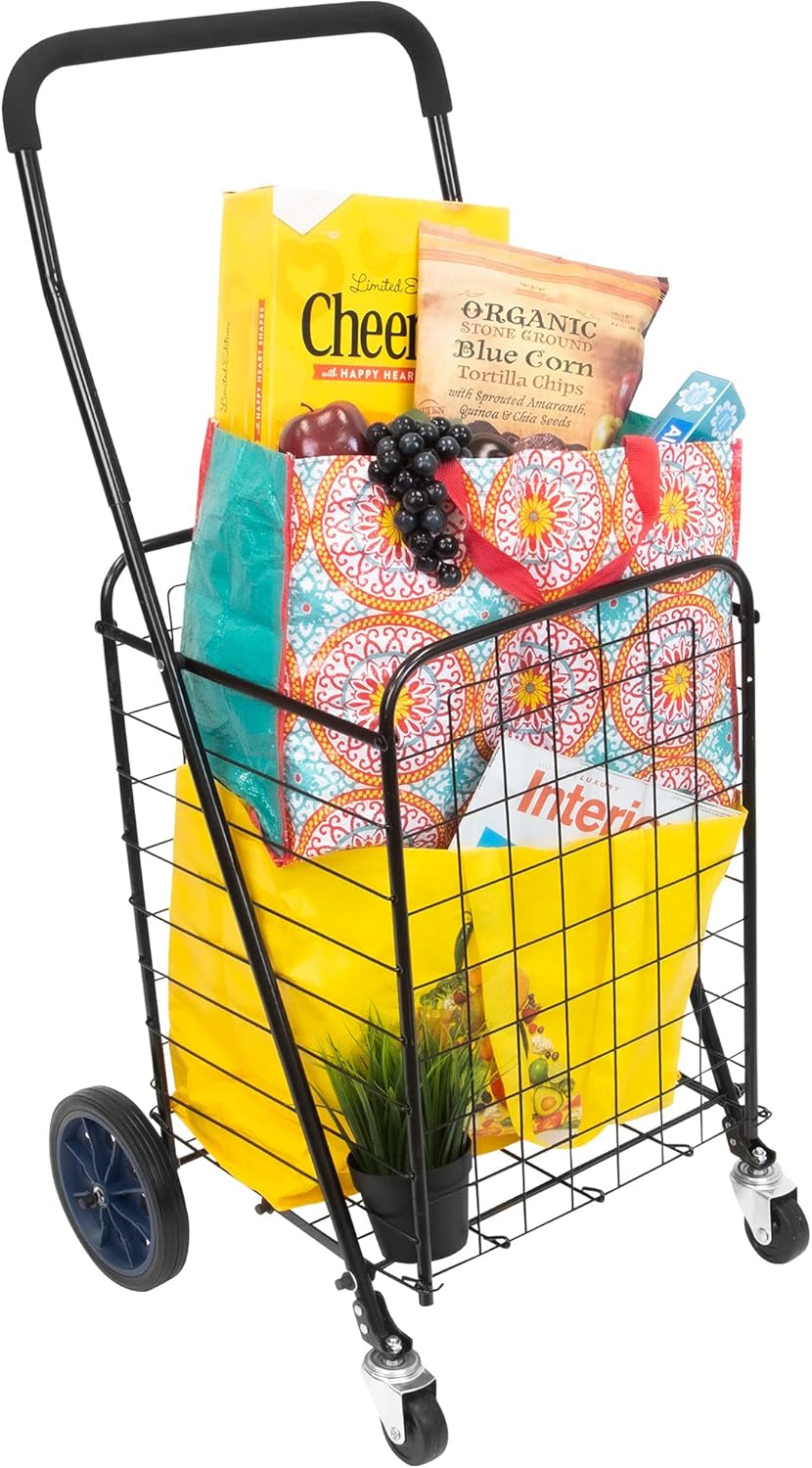 Mount-It! Foldable Shopping Cart with 360° Swivel Wheels, Portable Grocery Cart on Wheels with Extended Foam Handle