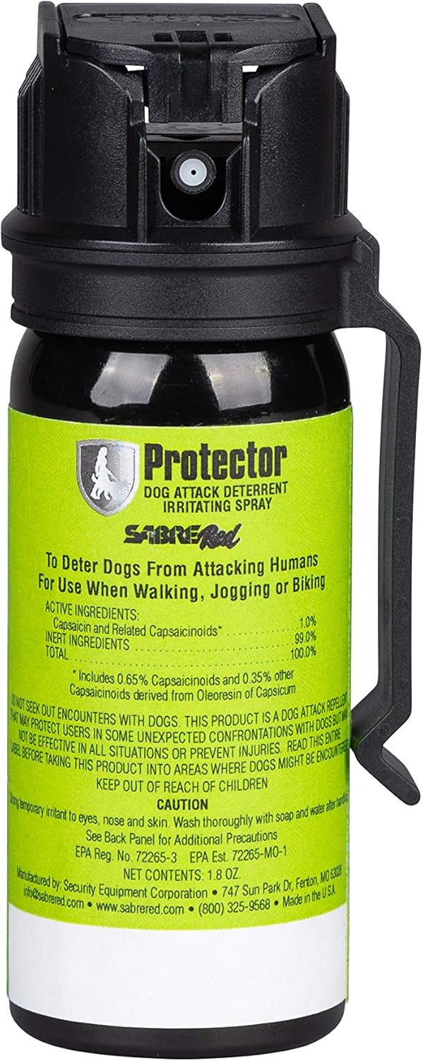 SABRE RED SABRE Protector Dog Pepper Spray & Belt Clip, Fast Flip Top Safety, 7 Bursts, 15-Foot (4.6-Meter) Range