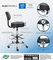 Adjustable Drafting Stool with Back and Removable Foot Rest: 28 to 34" Seat Height, 16 x 16" Seat