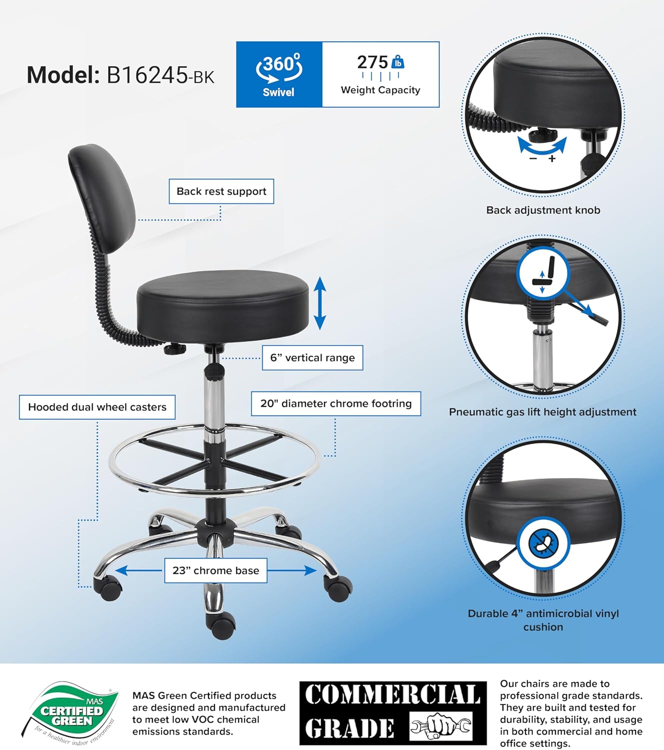 Adjustable Drafting Stool with Back and Removable Foot Rest: 28 to 34" Seat Height, 16 x 16" Seat