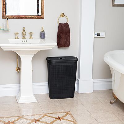 MIND READER Slim Laundry Hamper with Lid, 40L Linen Design Plastic