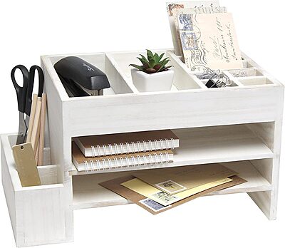 Elegant Designs Home Office Wood Tiered Desk Organizer with Storage Cubbies and Letter Tray