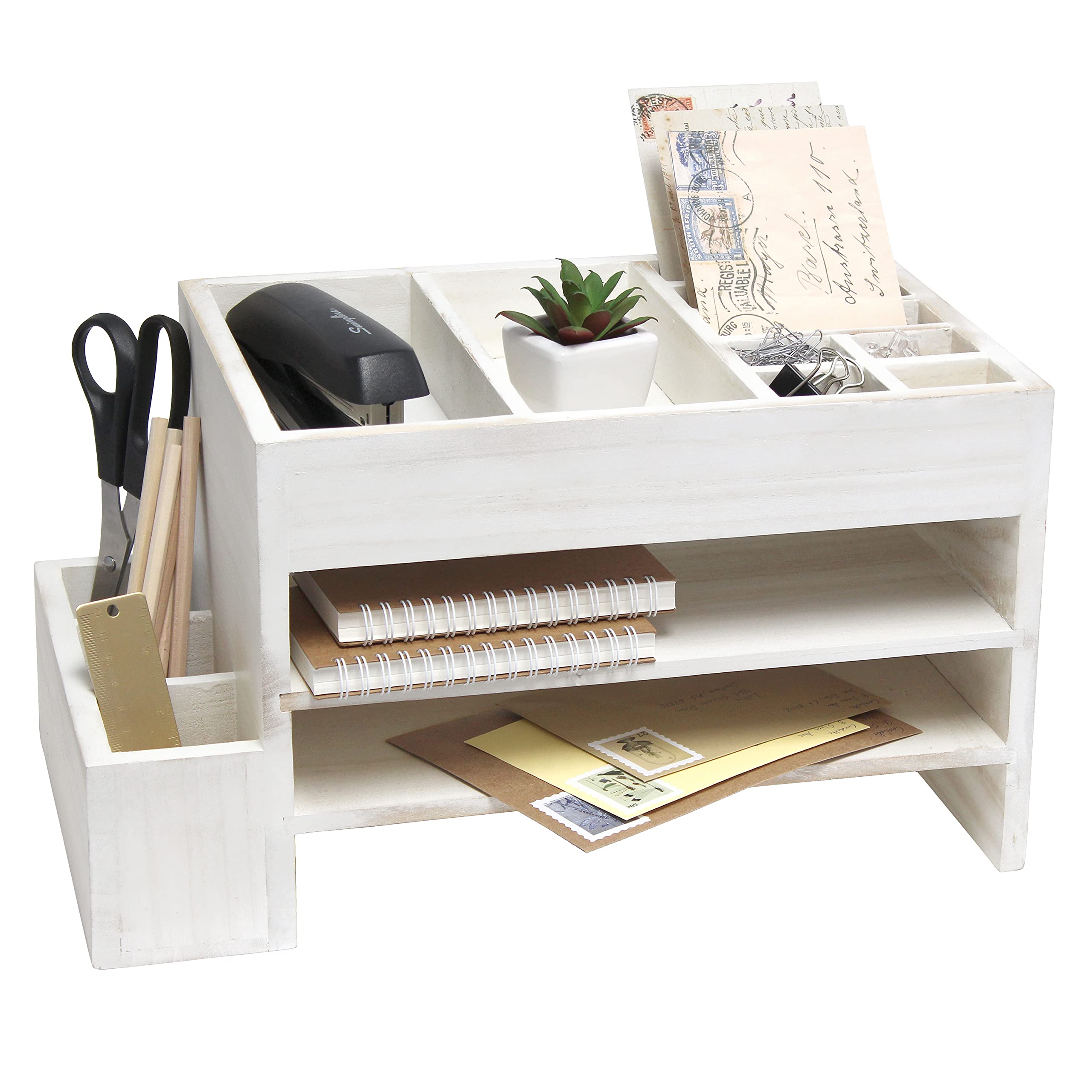 Elegant Designs Home Office Wood Tiered Desk Organizer with Storage Cubbies and Letter Tray