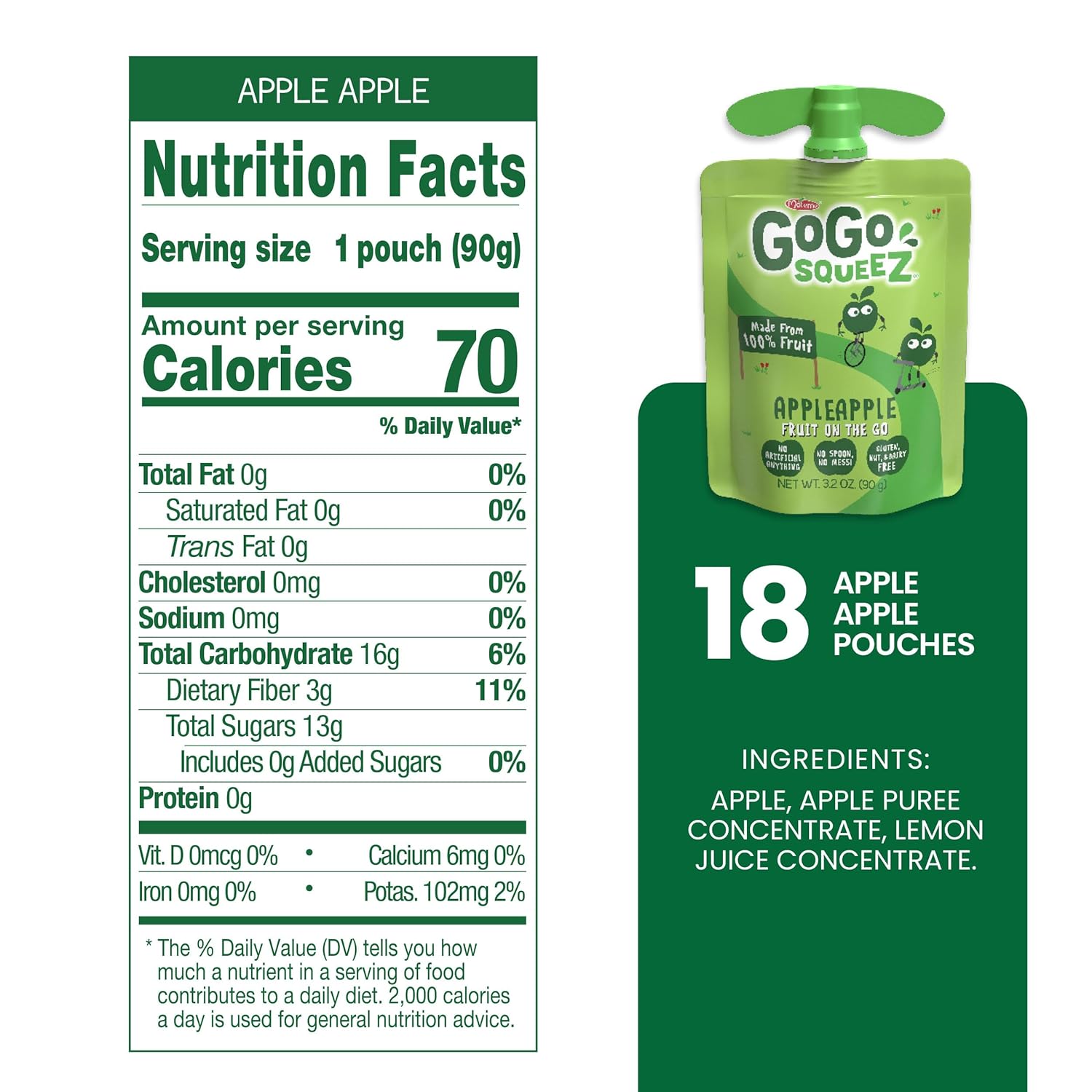 GoGo squeeZ Applesauce and Fruit Puree, Apple Apple, 3.2 oz (Pack of 18), Unsweetened Fruit Snacks for Kids, Gluten Free, Nut Free and Dairy Free, Recloseable Cap, BPA Free Pouches