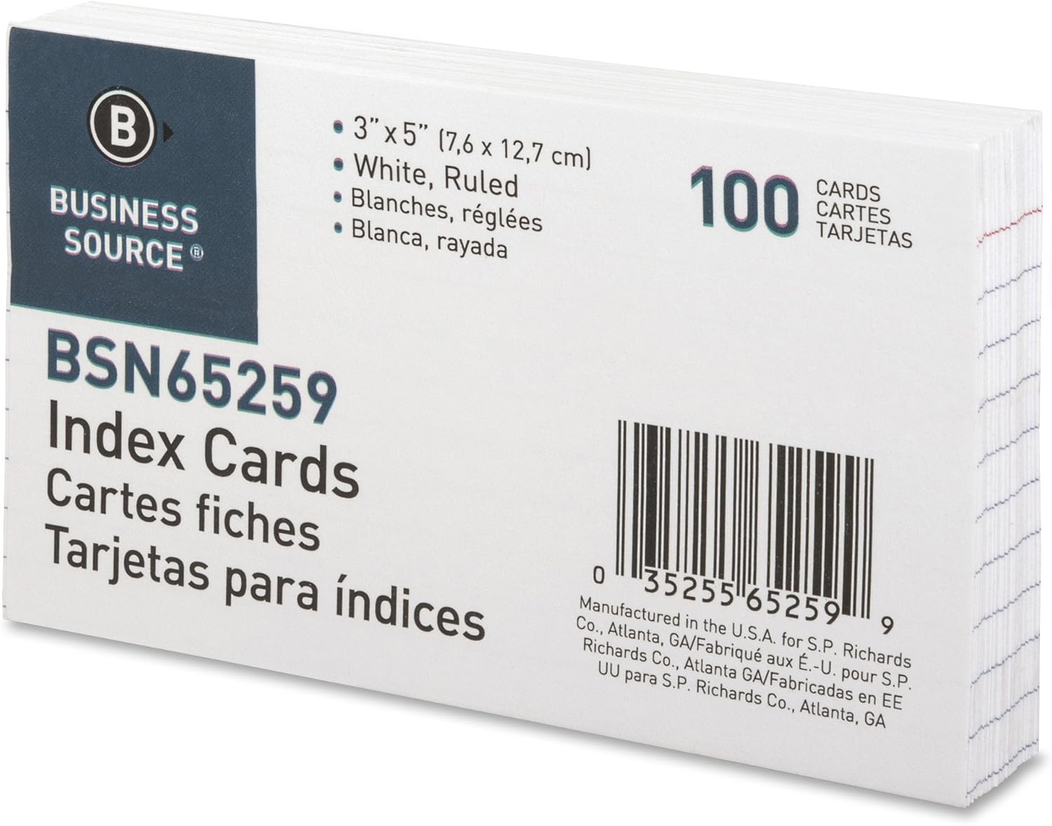 BUSINESS SOURCE Ruled Index Cards, 72 lb, 100/Pack, White