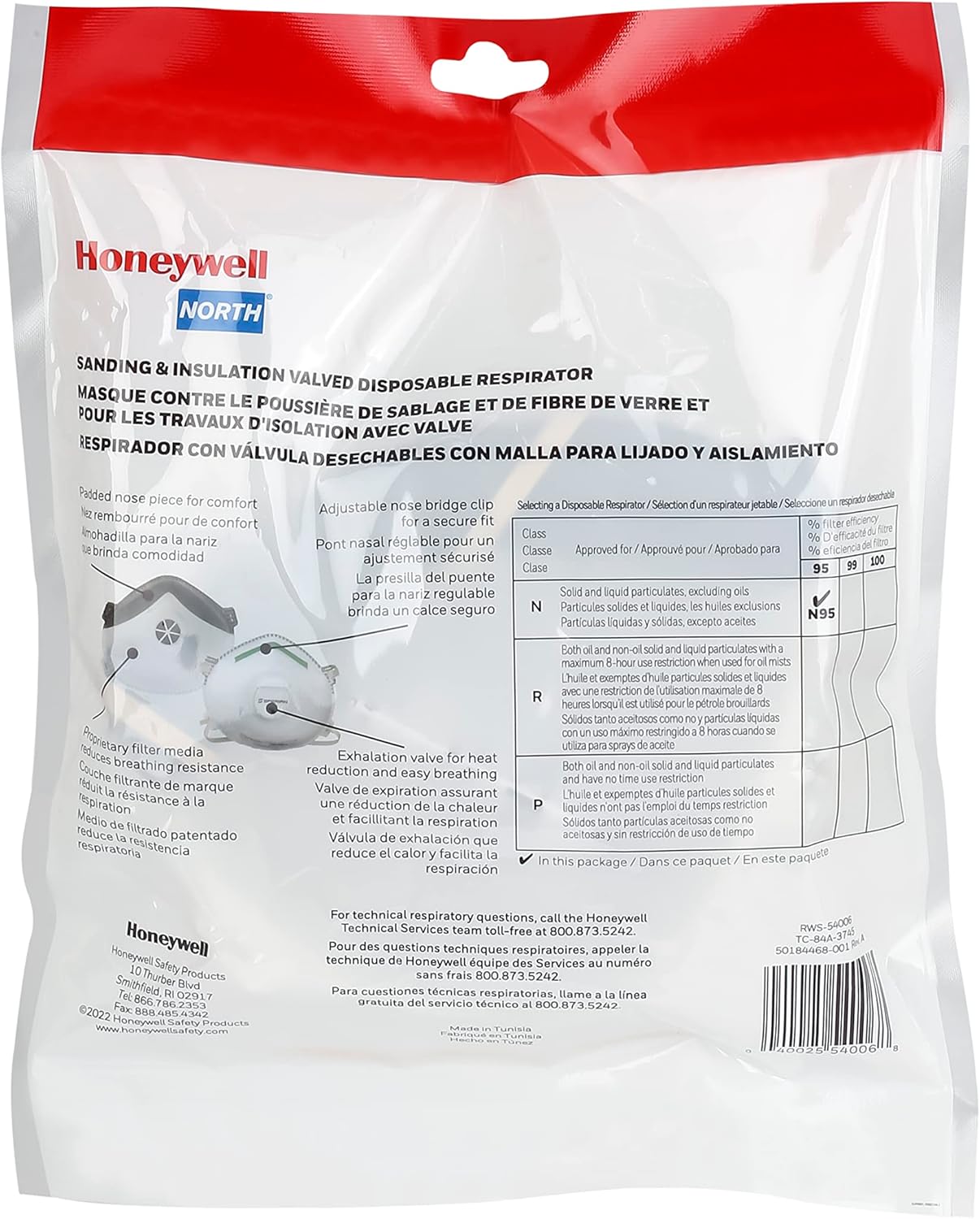 Honeywell NIOSH-Approved N95 Respirator Mask with Exhalation Valve for Airborne Particulates (RWS-54006)