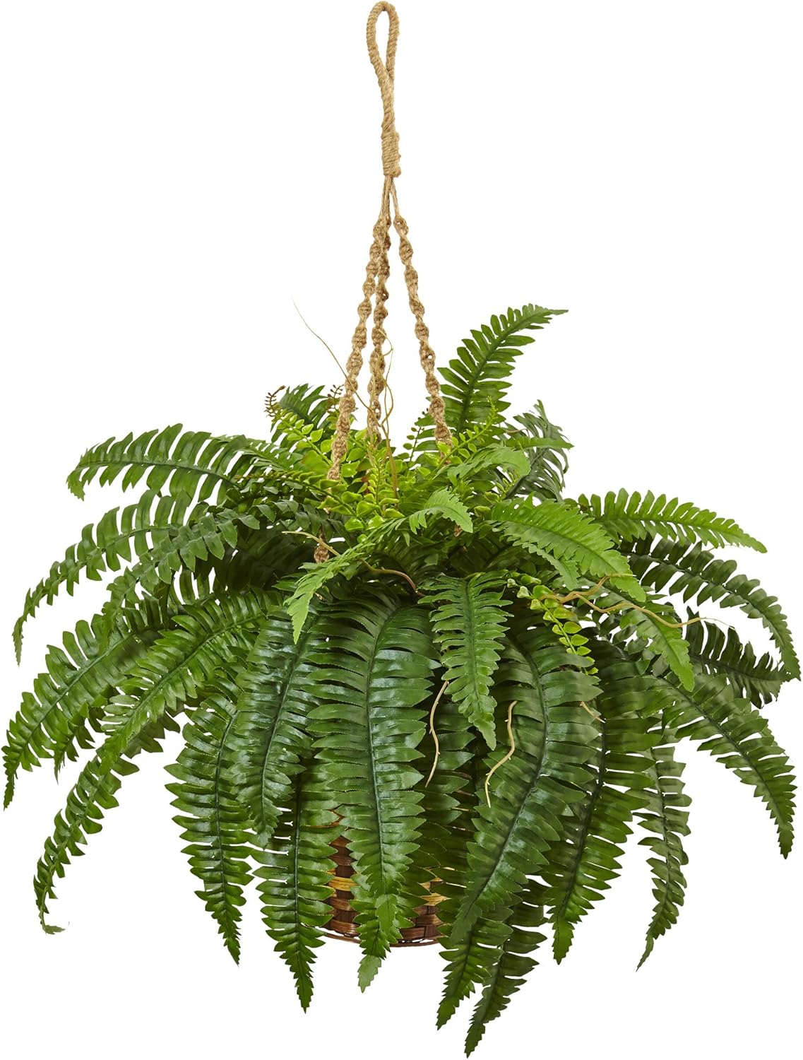 Nearly Natural 33inH Polyester Boston Fern With Hanging Basket, Green