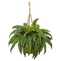 Nearly Natural 33inH Polyester Boston Fern With Hanging Basket, Green