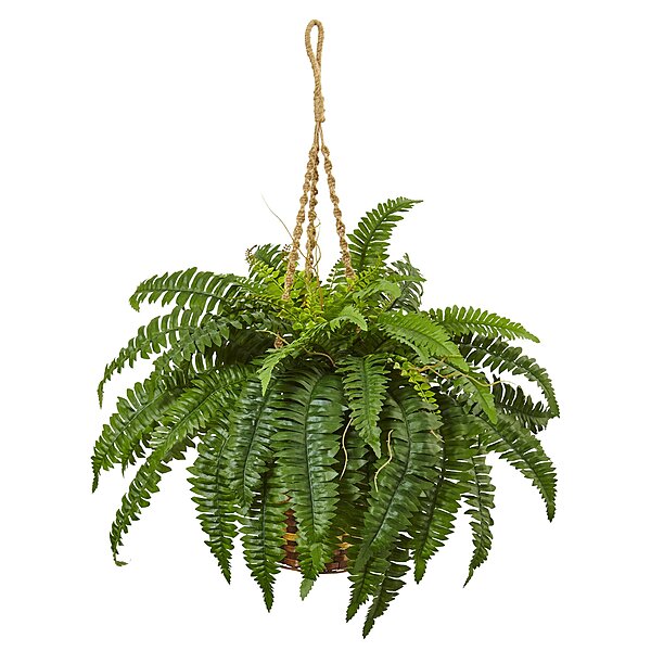 Nearly Natural 33inH Polyester Boston Fern With Hanging Basket, Green