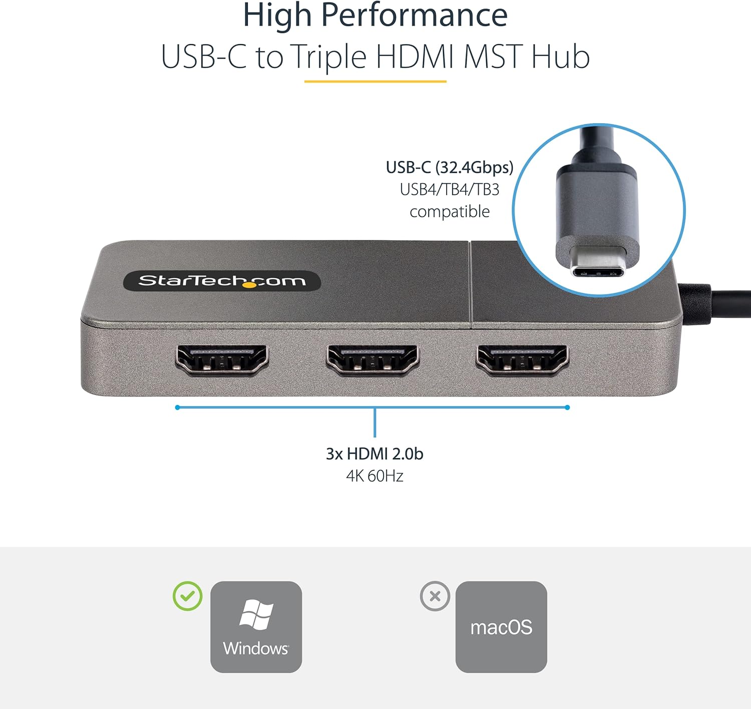 StarTech.com 3-Port USB-C Multi-Monitor Adapter, USB Type-C to 3x HDMI MST Hub