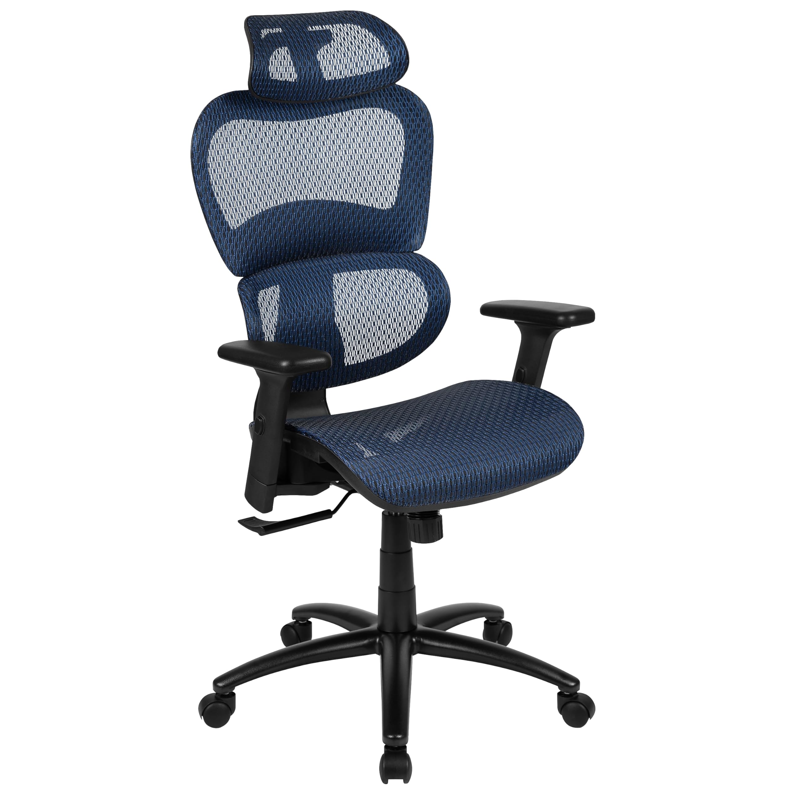 Flash Furniture LO Ergonomic Mesh Office Chair with 2-to-1 Synchro-Tilt, Adjustable Headrest, Lumbar Support - Arms in Blue