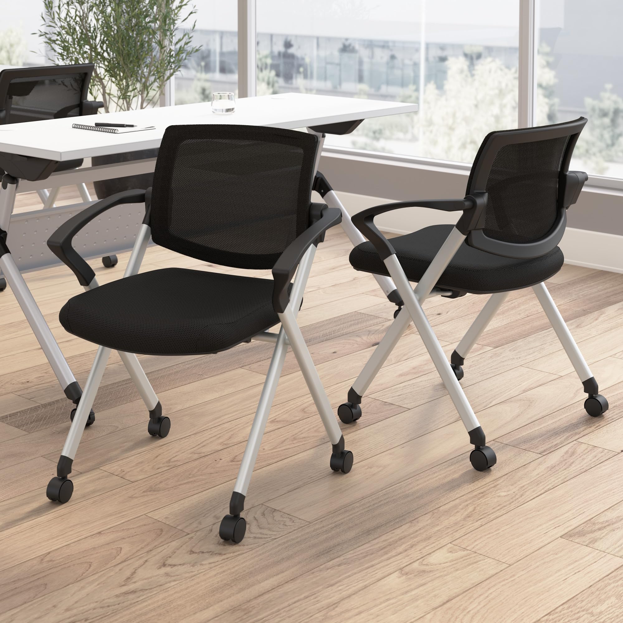 Bush Business Furniture Folding Chairs with Arms - Set of 2, Commercial-Grade Guest Mesh Back Seating for Office, Banquet