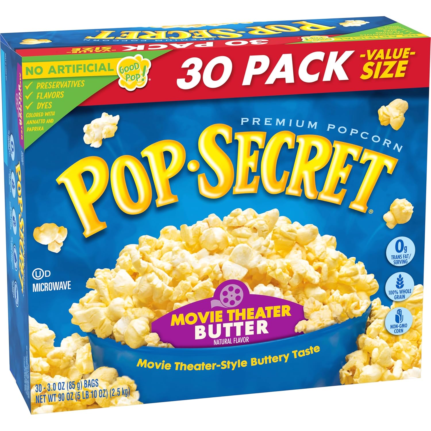Pop Secret Microwave Popcorn, Movie Theater Butter Flavor, 3 Oz Sharing Bags, 30 Ct Movie Theater Butter 3 Ounce (Pack of 30)