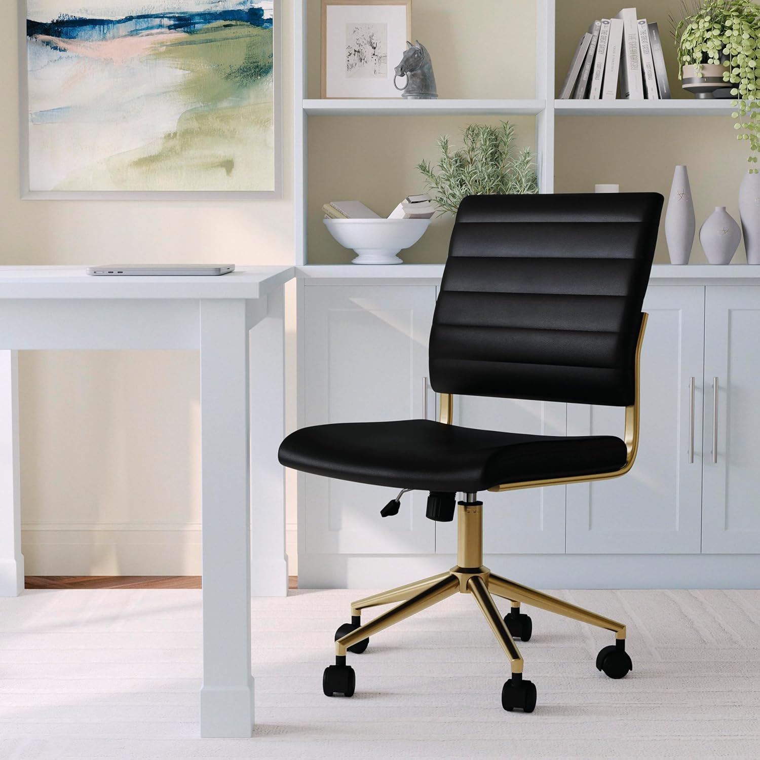 Martha Stewart Ivy Armless Swivel Task Chair in Faux Leather with Polished Brass Frame