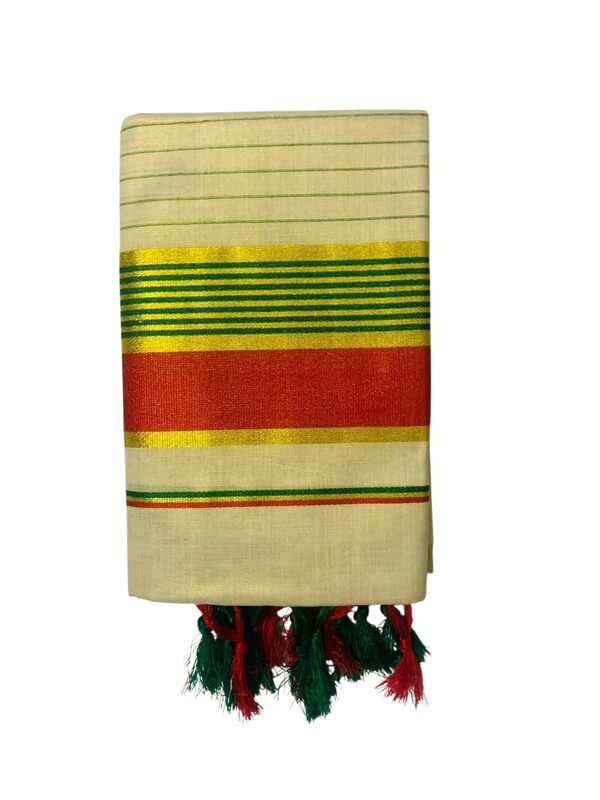 Women's Kuthampully Kerala Kasavu Set mundu Tissue Stripe with Kunjam | Kerala Tissue set mundu onam latest collections | Stripe Kasavu set mundu - Multi Color KTM-912 (Red)