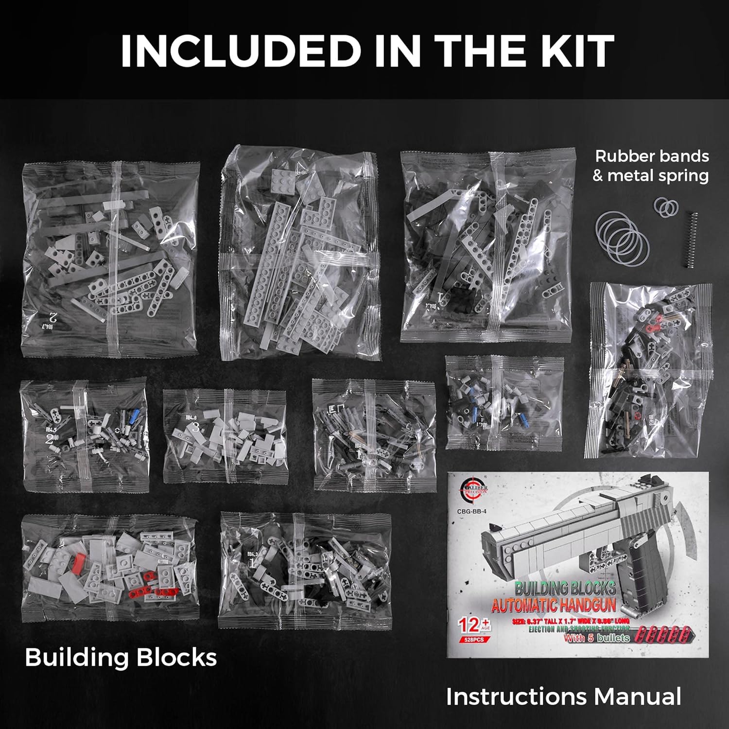 Caliber Gourmet Mechanical Model Kit - Automatic Toy Handgun, 528 pcs 3D Building Blocks