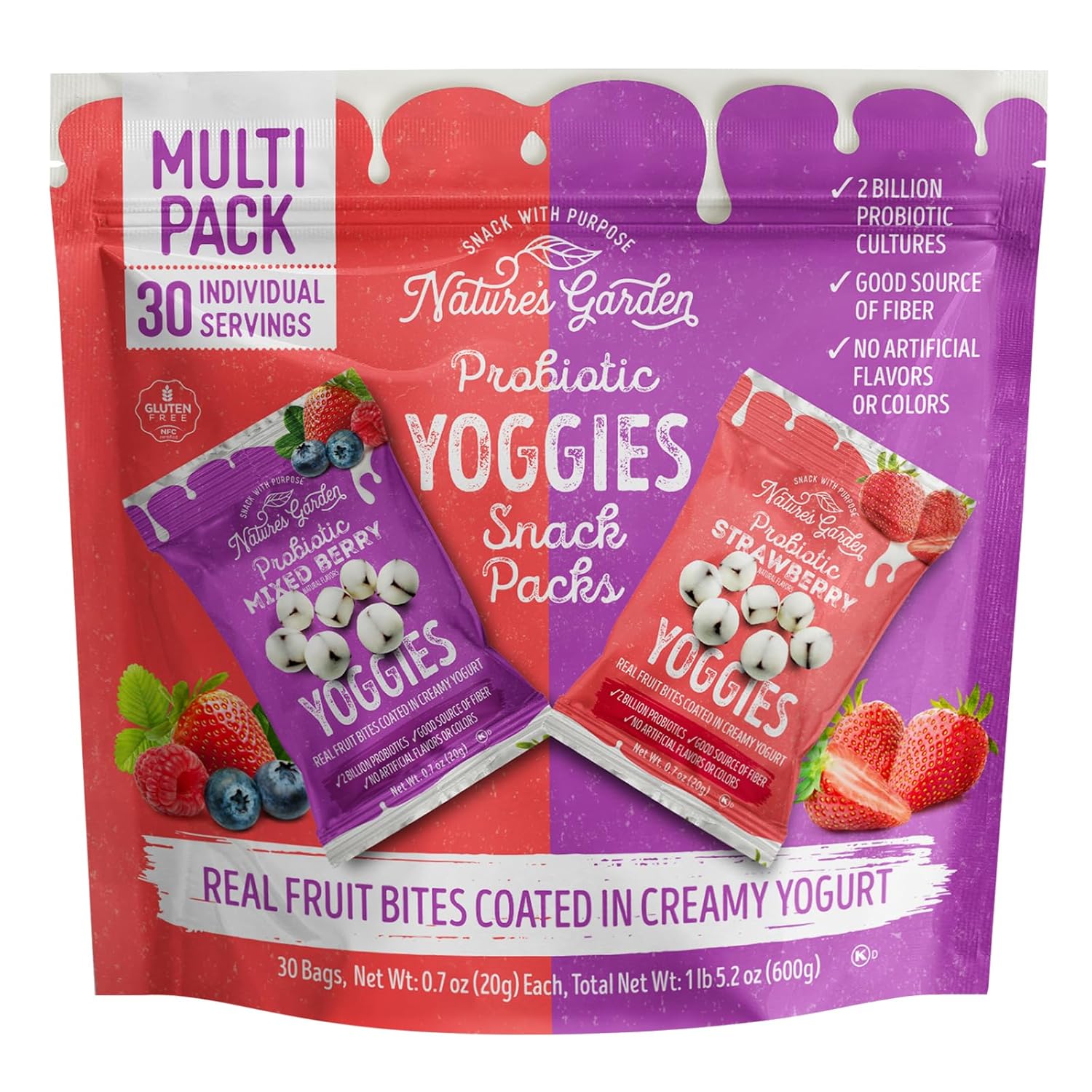 Nature's Garden Probiotic Yoggies Multi Pack, 21oz (Strawberry Yoggies 15x0.7 oz +Mixed Berry Yoggies 15x0.7 oz)