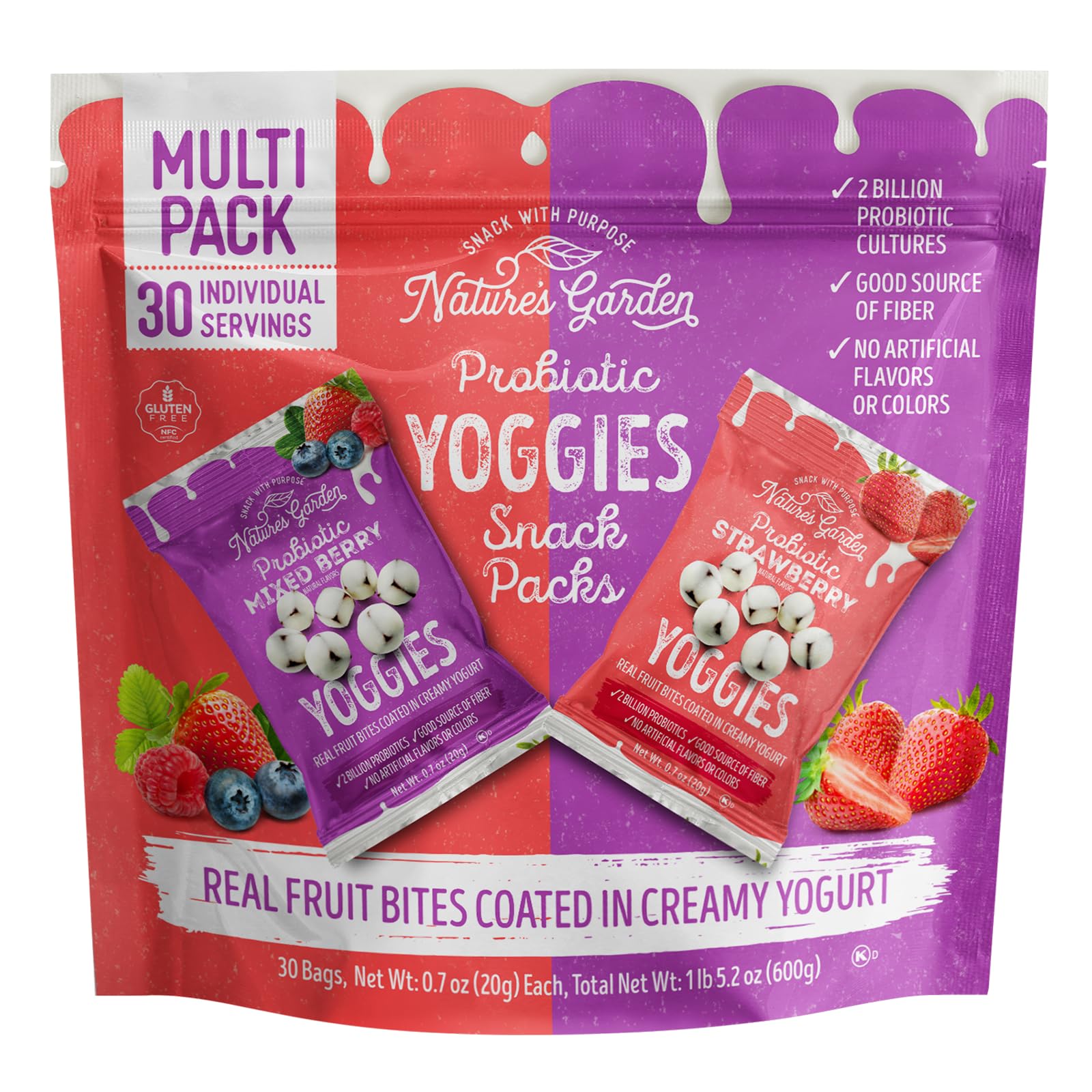 Nature's Garden Probiotic Yoggies Multi Pack, 21oz (Strawberry Yoggies 15x0.7 oz +Mixed Berry Yoggies 15x0.7 oz)