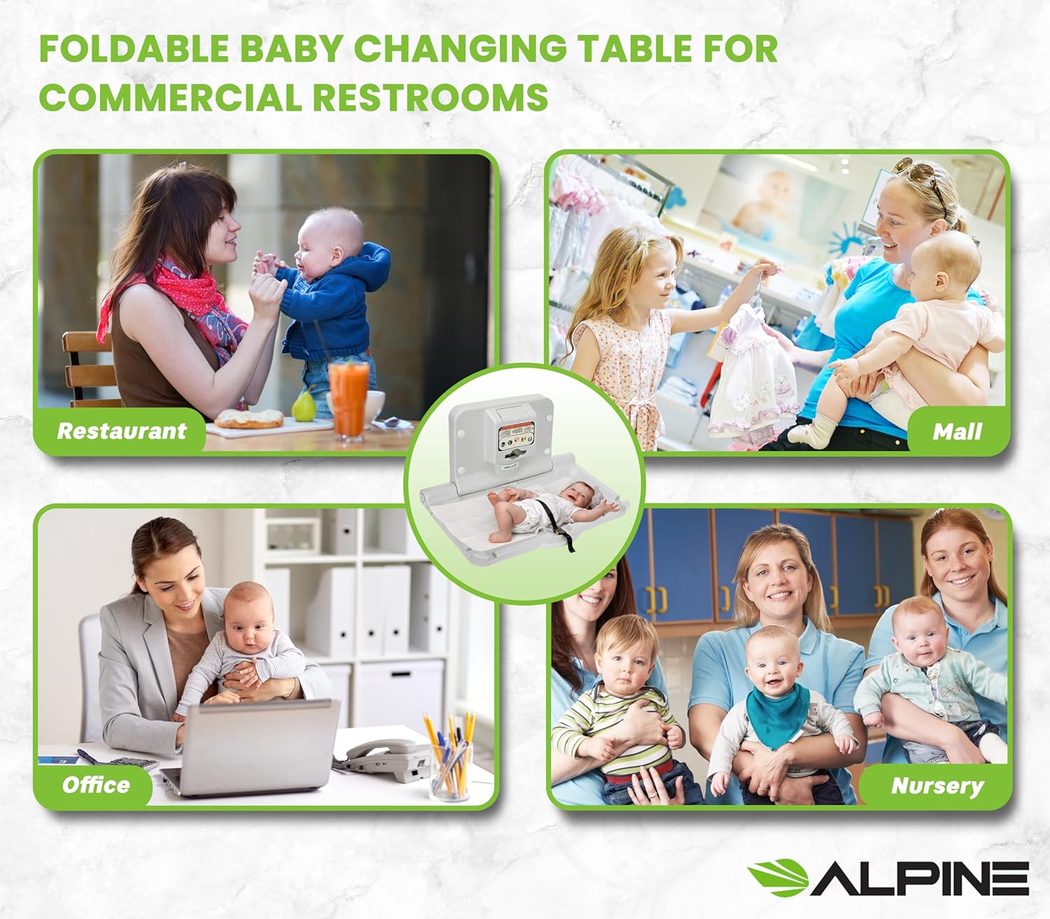 Alpine Wall Mounted Baby Changing Station - Horizontal Baby Changing Table Foldable Diaper Tables with Safety Strap