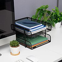 Mind Reader Paper Tray, Desk Organizer, Stackable, Storage, Office, Metal Mesh, 10.5" L x 13.25" W x 7.5" H, Set of 2, Black